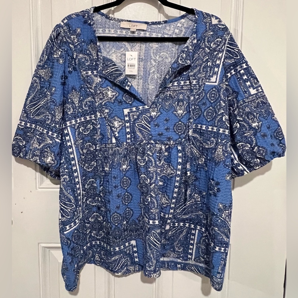 NWT! Loft Blue Bandana Paisley Balloon Sleeve Textured Blouse Size XXL Women’s - Picture 13 of 13
